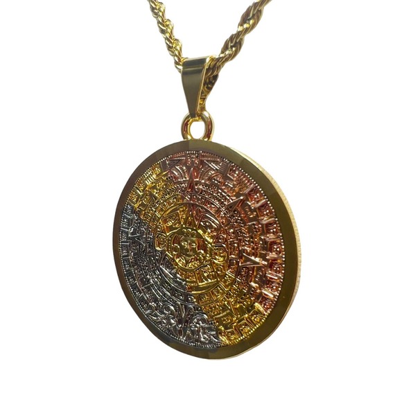 Aztec Calendar Pendant with Rope Necklace 24K Gold Filled NEW - Picture 2 of 3